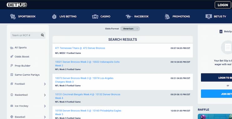 A view of the betting interface on BetUS, one of the best ID online sportsbooks.